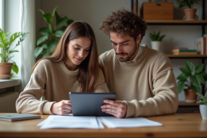 Jeune couple en intérieur examinant documents et tablette