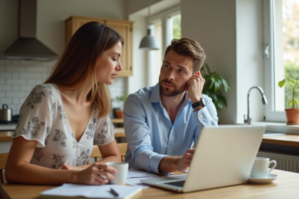 Jeune couple discutant à la cuisine dans un appartement moderne