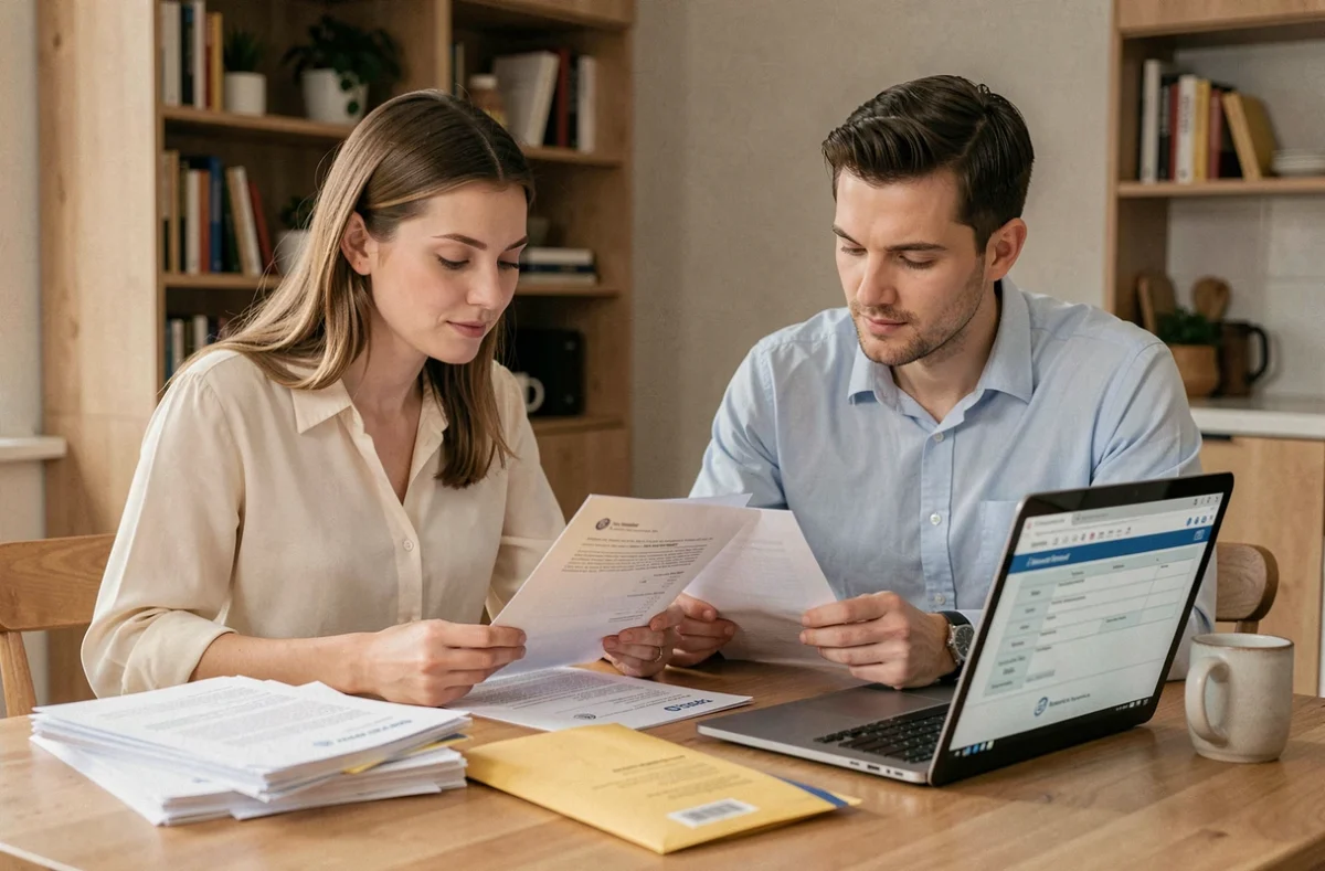 Couple organisant les documents administratifs nécessaires pour leur mariage autour d'une table en bois