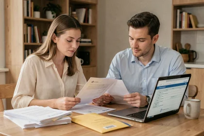 Couple organisant les documents administratifs nécessaires pour leur mariage autour d'une table en bois