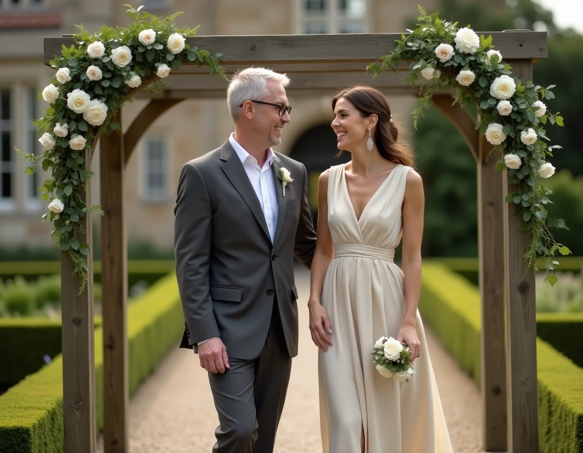 Couple élégant lors d'une réception de mariage en jardin devant un manoir en pierre, photo candide