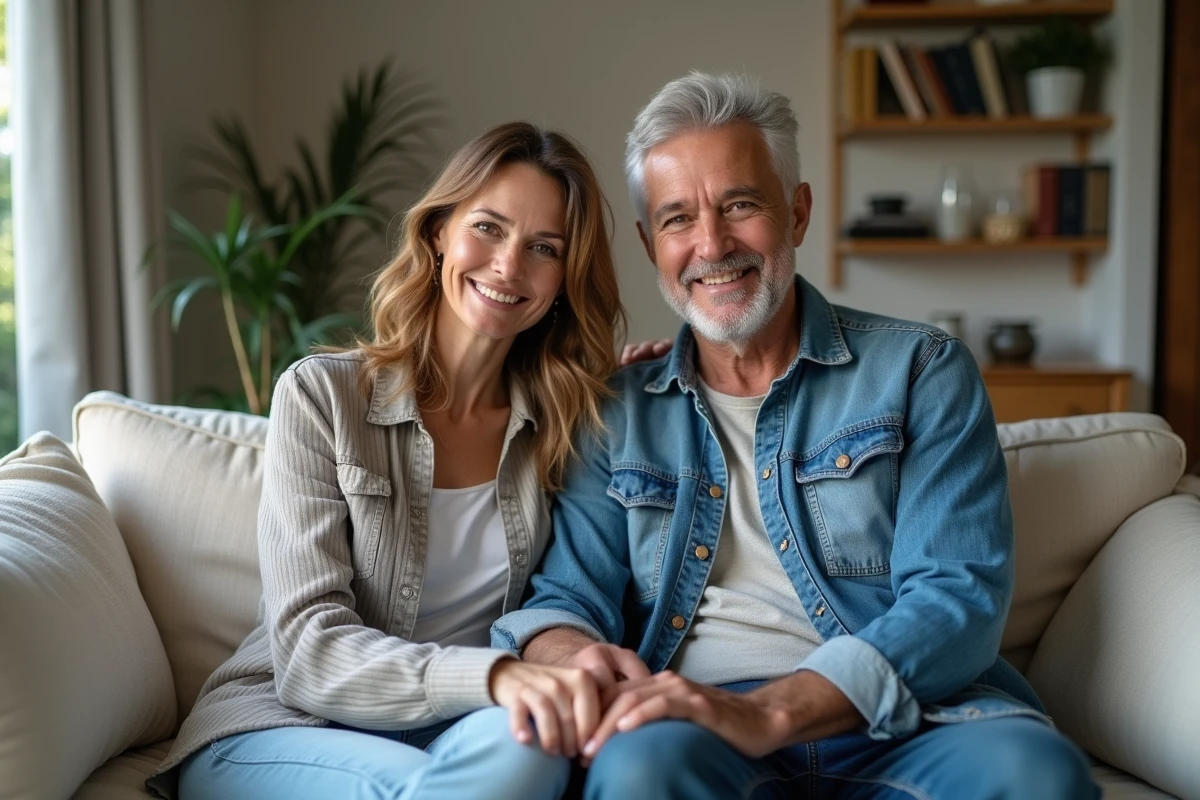 Couple assis sur un canapé dans un appartement parisien