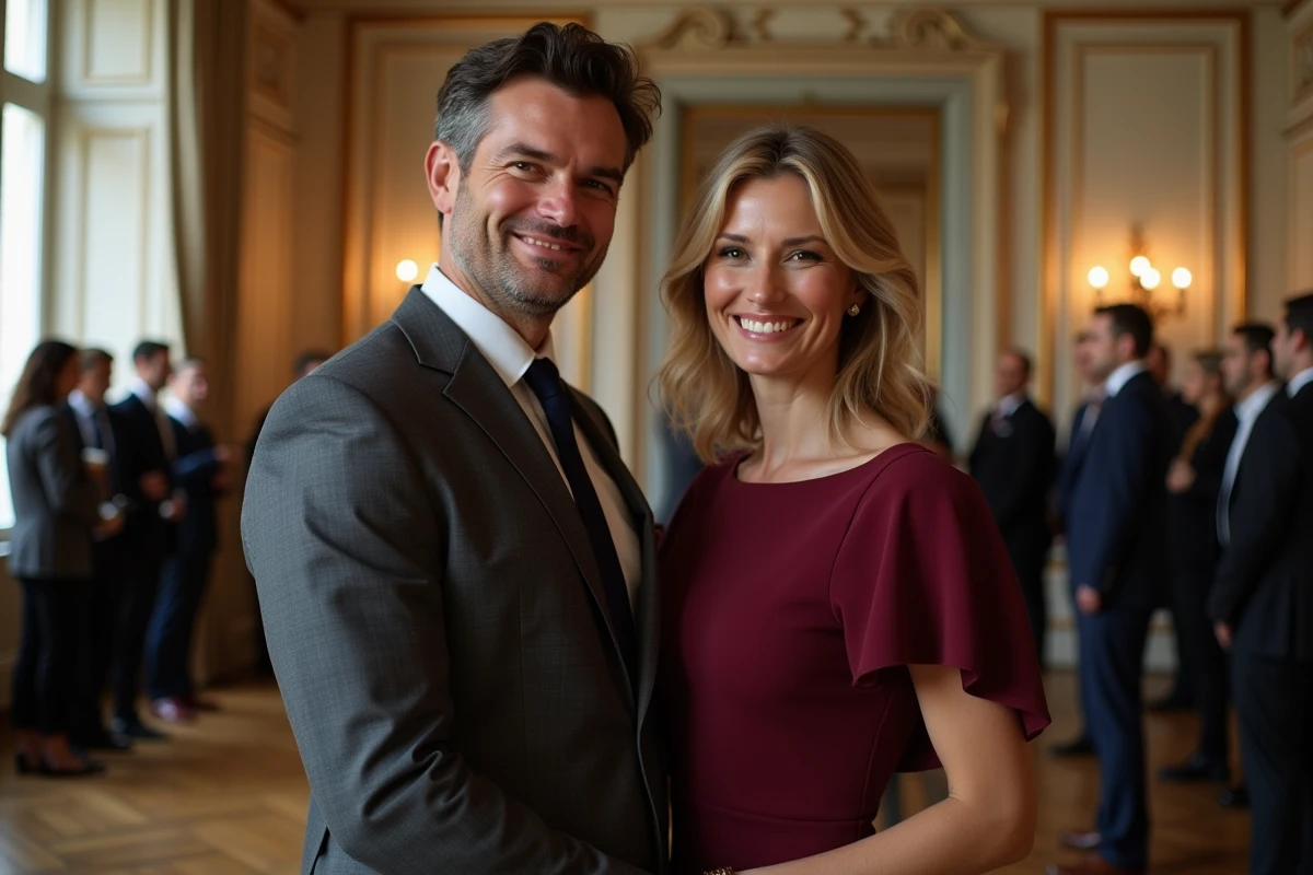 Couple élégant lors d'une réception parisienne dans un salon aux moulures dorées et parquet ancien