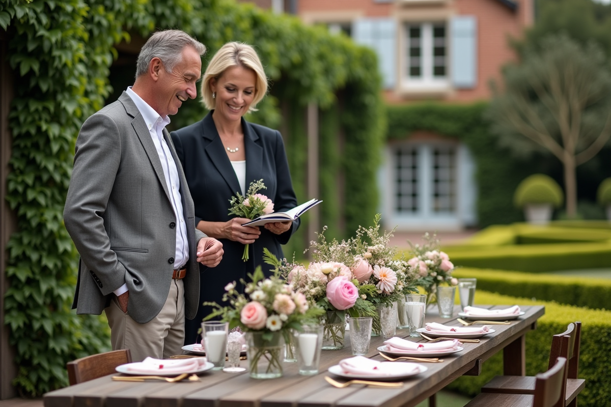 Couple regardant des centres de table de mariage dans le jardin