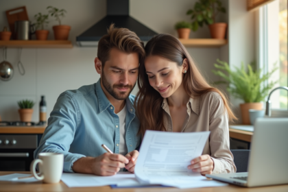 Jeune couple discutant de finances à la maison