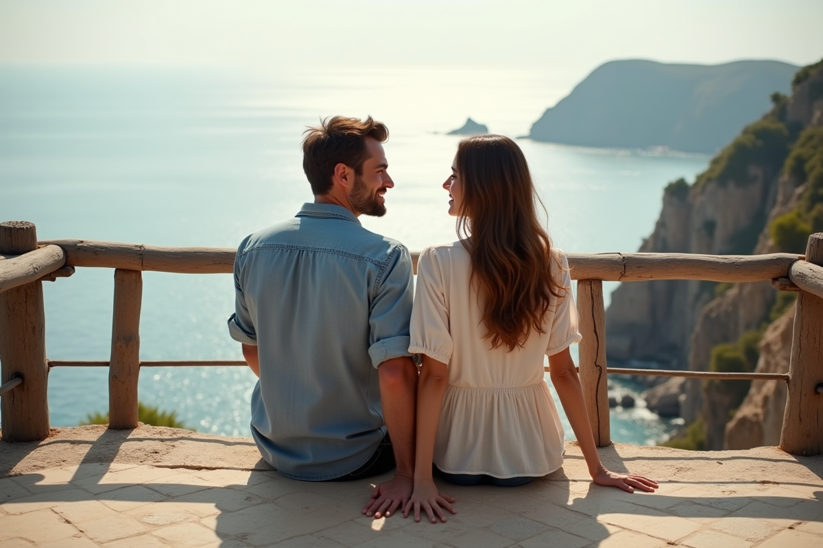 Couple en vacances sur un balcon face à la mer