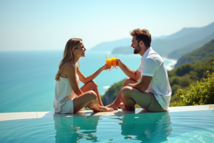 Couple souriant au bord d'une piscine infinity sur un toit
