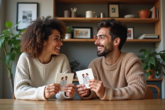 Couple souriant jouant avec des cartes Elle et Lui dans la cuisine