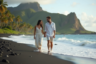 Jeune couple sur plage de sable noir à Hawaii
