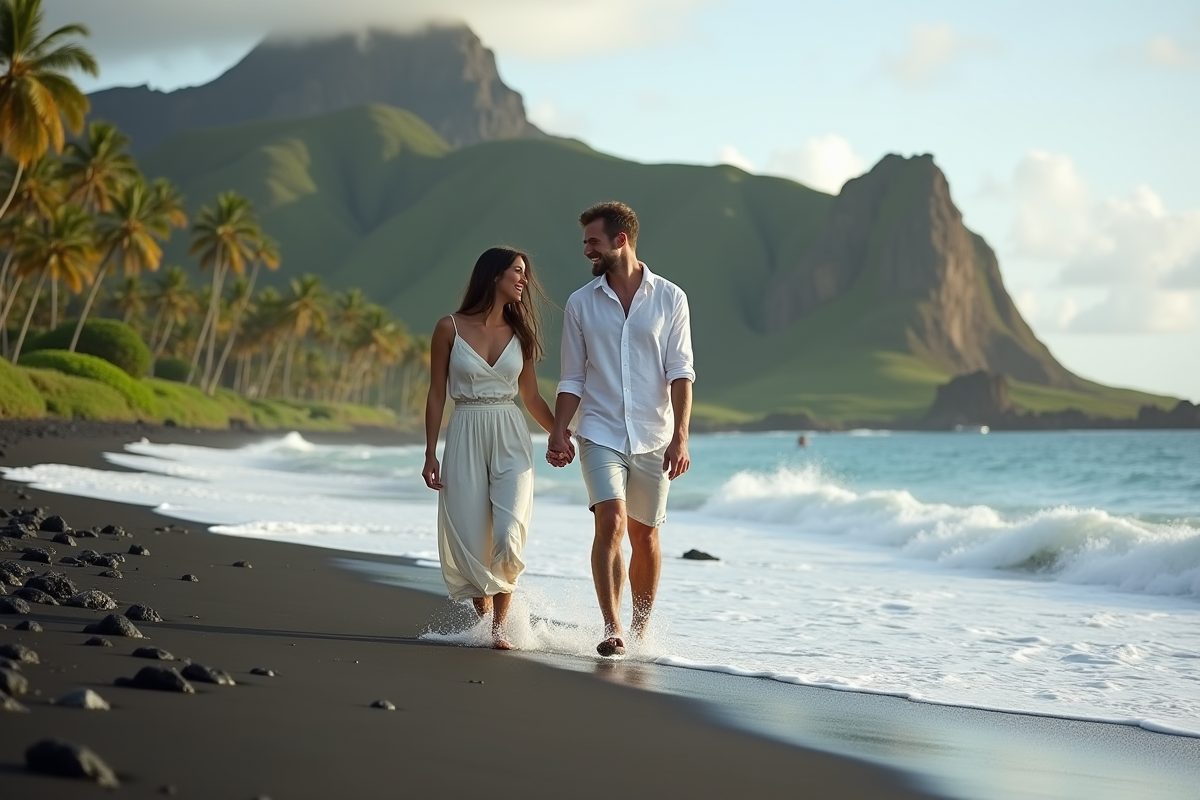 Jeune couple sur plage de sable noir à Hawaii