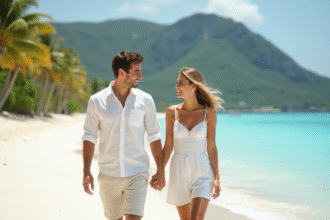 Jeune couple en lune de miel sur une plage tropicale