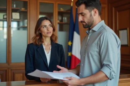 Couple consultant un agent à l'accueil d'une mairie française pour la publication des bans de mariage