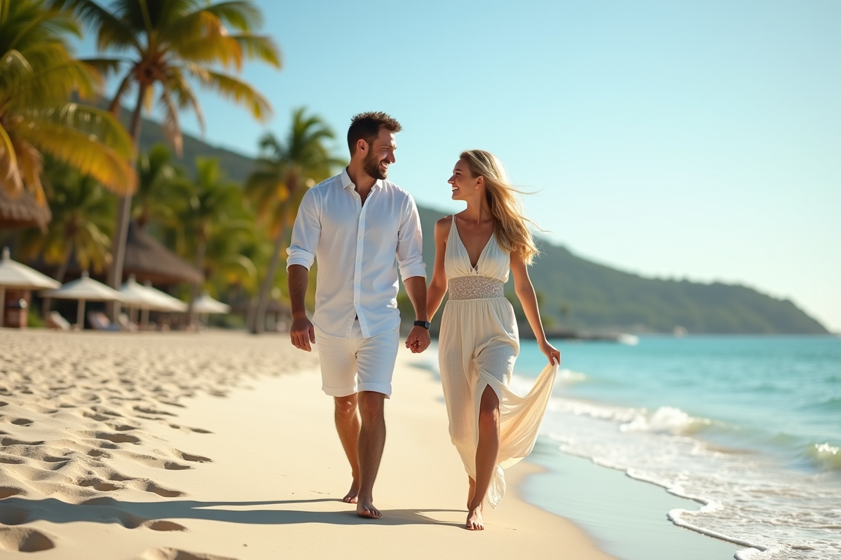 Couple détendu marchant sur la plage tropicale