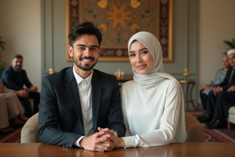 Jeune couple musulman main dans la main dans un salon traditionnel