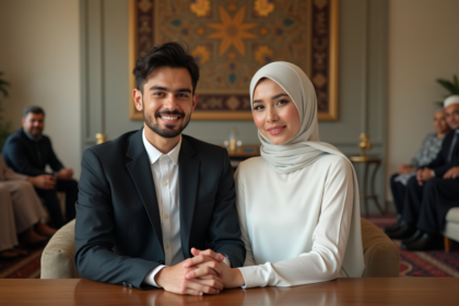Jeune couple musulman main dans la main dans un salon traditionnel