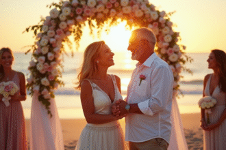 Couple heureux sous arche florale sur plage au coucher de soleil