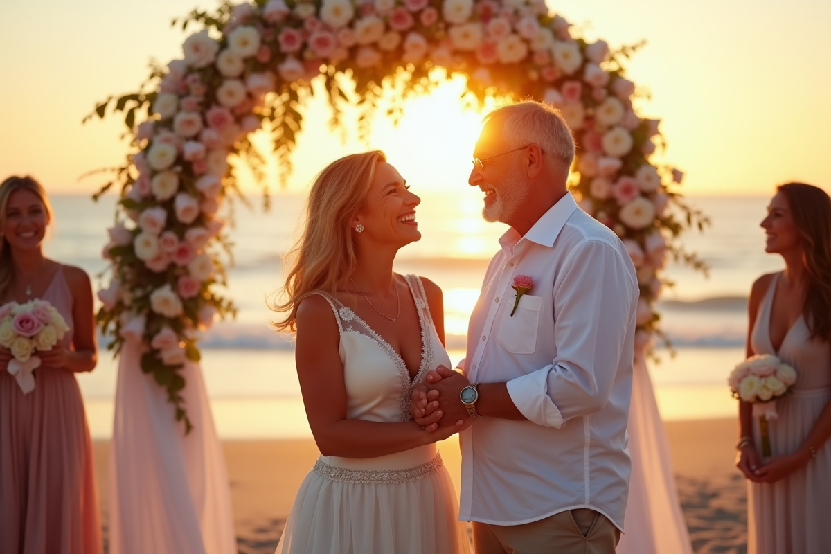 Couple heureux sous arche florale sur plage au coucher de soleil