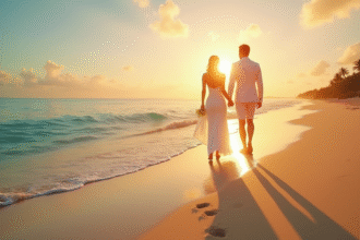 Jeune couple marié marchant sur la plage au coucher du soleil