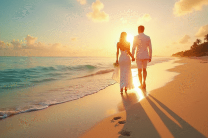 Jeune couple marié marchant sur la plage au coucher du soleil
