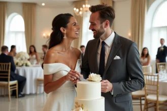 Couple de mariés coupant leur gâteau de mariage chic lors d'une réception élégante en salle de bal