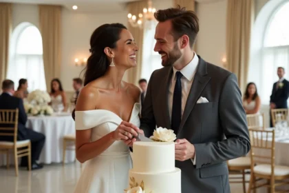 Couple de mariés coupant leur gâteau de mariage chic lors d'une réception élégante en salle de bal