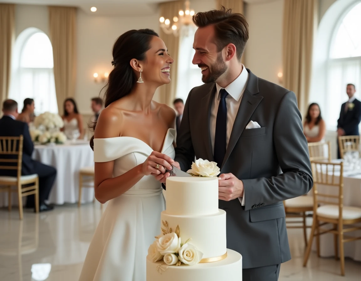 Couple de mariés coupant leur gâteau de mariage chic lors d'une réception élégante en salle de bal