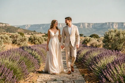 Couple de mariés se promenant dans les champs de lavande en Provence près de Lançon-Provence