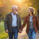 Couple mature main dans la main dans un parc ensoleille