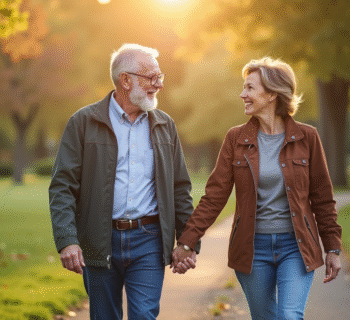 Couple mature main dans la main dans un parc ensoleille