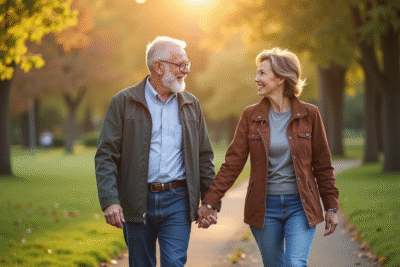 Couple mature main dans la main dans un parc ensoleille