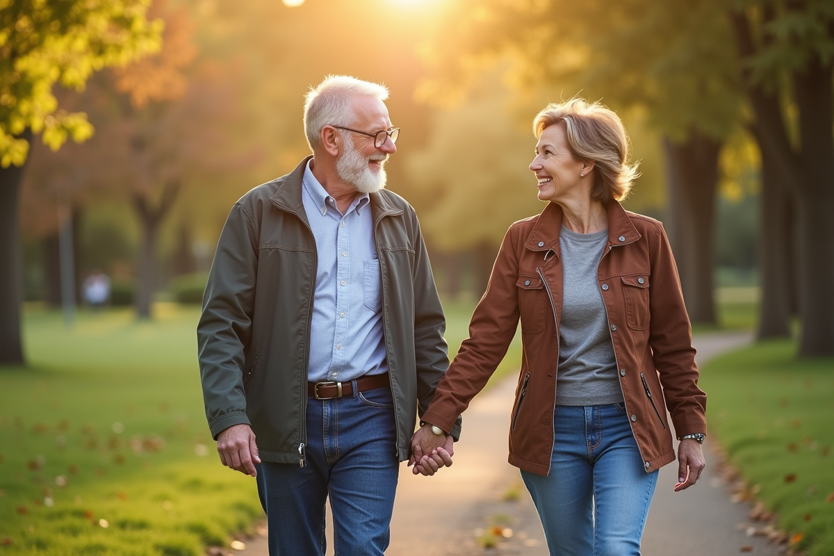 Couple mature main dans la main dans un parc ensoleille
