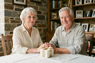 Couple de septuagénaires assis ensemble autour d'une table en bois rustique, mains enlacées près d'un cadeau enrubanné doré, pour illustrer les noces d'or