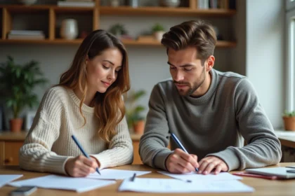 Jeune couple organisant des papiers à la maison