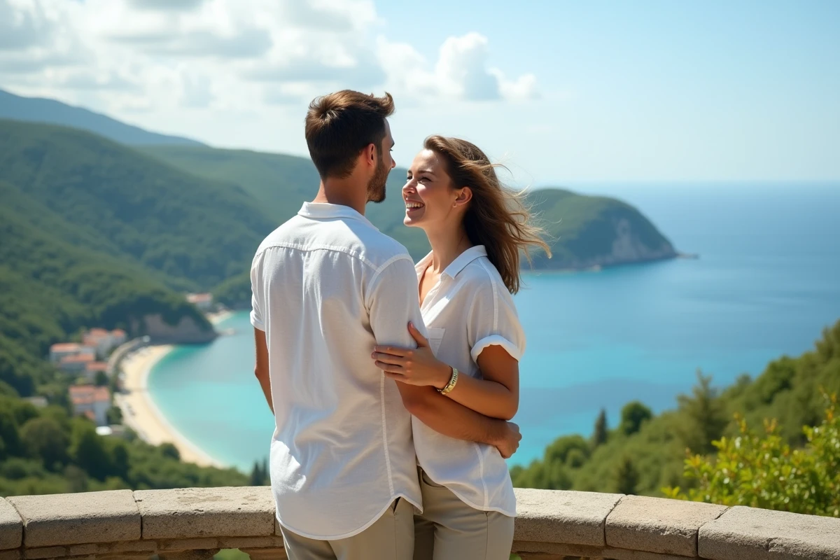 Couple souriant sur un panorama côtier en été