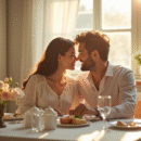 Couple assis à un petit déjeuner symbolisant deux ans de mariage