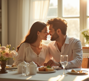 Couple assis à un petit déjeuner symbolisant deux ans de mariage