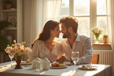 Couple assis à un petit déjeuner symbolisant deux ans de mariage