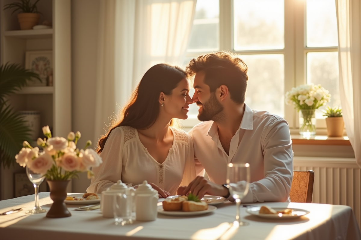 Couple assis à un petit déjeuner symbolisant deux ans de mariage