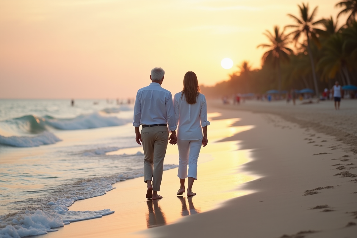 Couple âgé marchant sur la plage tropicale au crépuscule