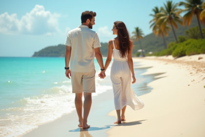 Jeune couple main dans la main sur plage tropicale