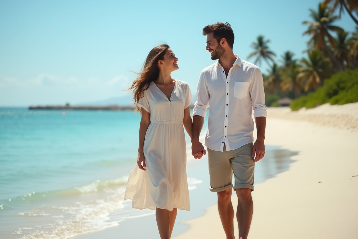 Jeune couple sur la plage tropicale souriant