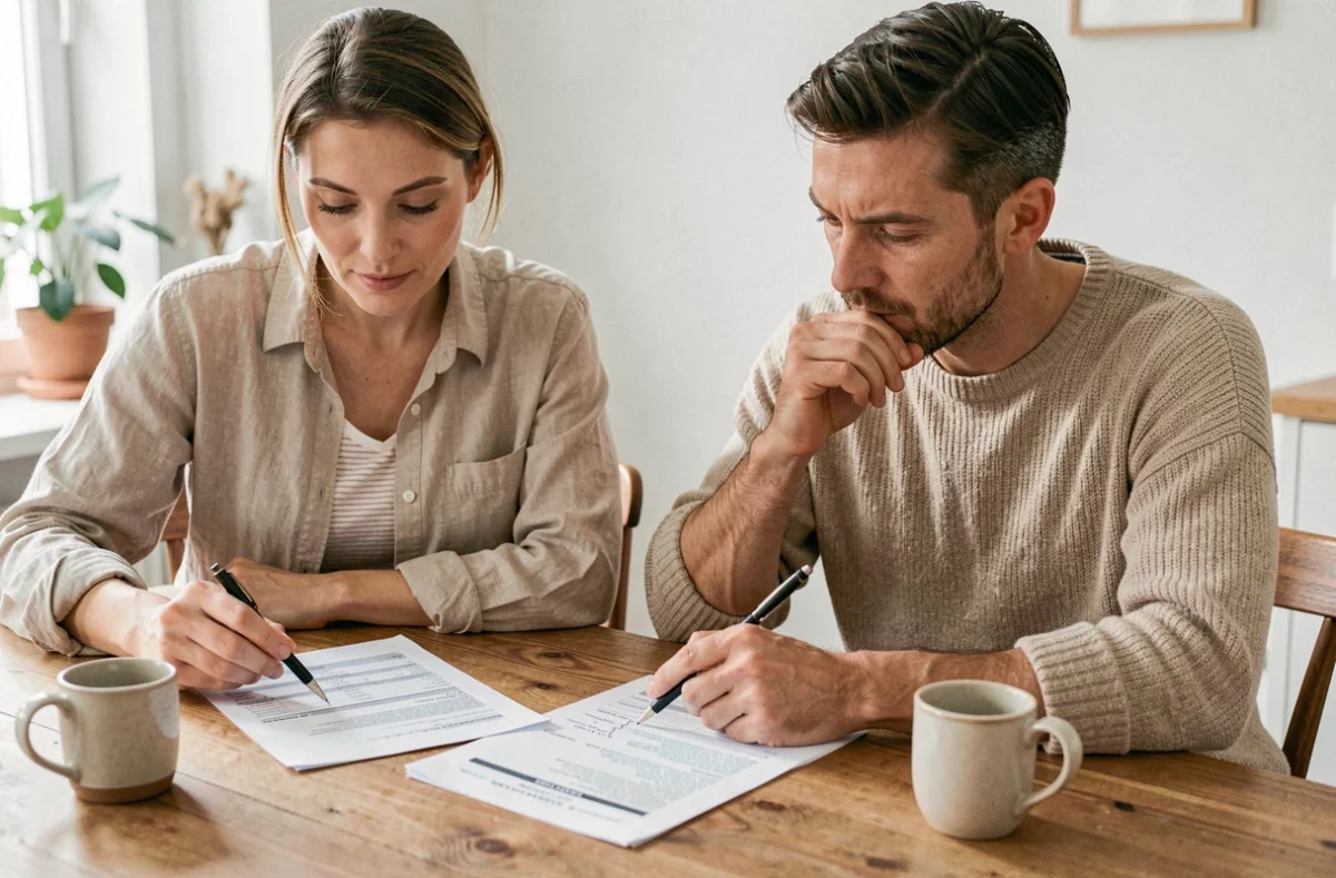 Couple planifiant le budget de leur mariage en révisant des feuilles de calcul sur une table en bois