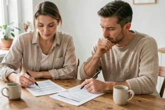 Couple planifiant le budget de leur mariage en révisant des feuilles de calcul sur une table en bois