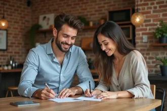 Jeune couple français préparant des cartes de save the date à la maison