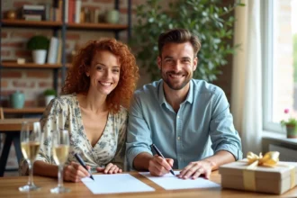 Couple signant un PACS à domicile entouré de cadeaux et d'une coupe de champagne sur une table en bois