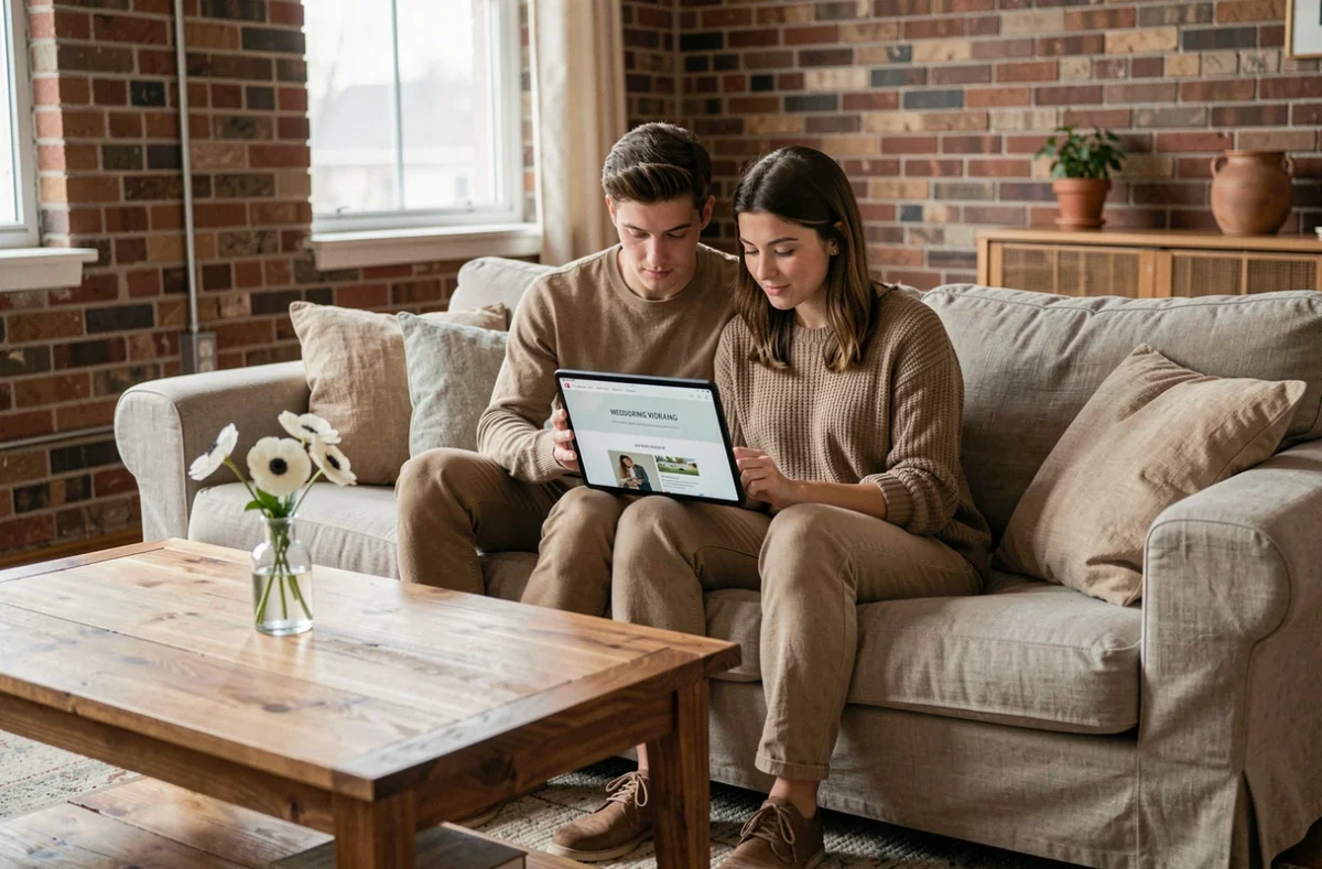 Couple parcourant ensemble leur site de mariage sur une tablette dans un salon au décor naturel et chaleureux