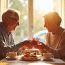 Couple mature échangeant des cadeaux au petit déjeuner