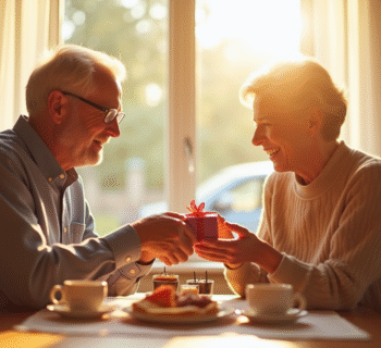 Couple mature échangeant des cadeaux au petit déjeuner