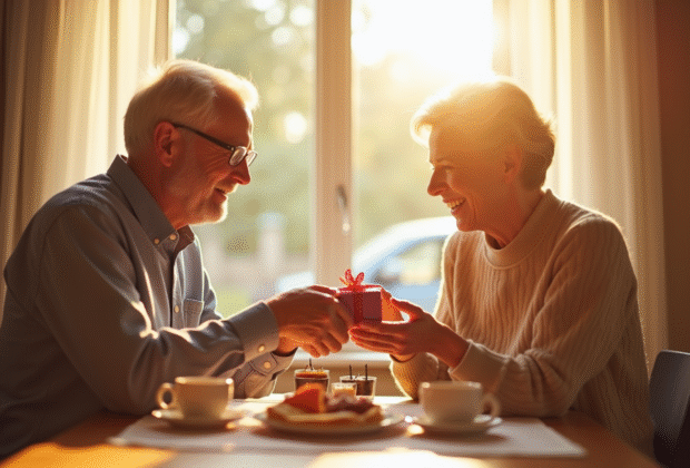 Couple mature échangeant des cadeaux au petit déjeuner