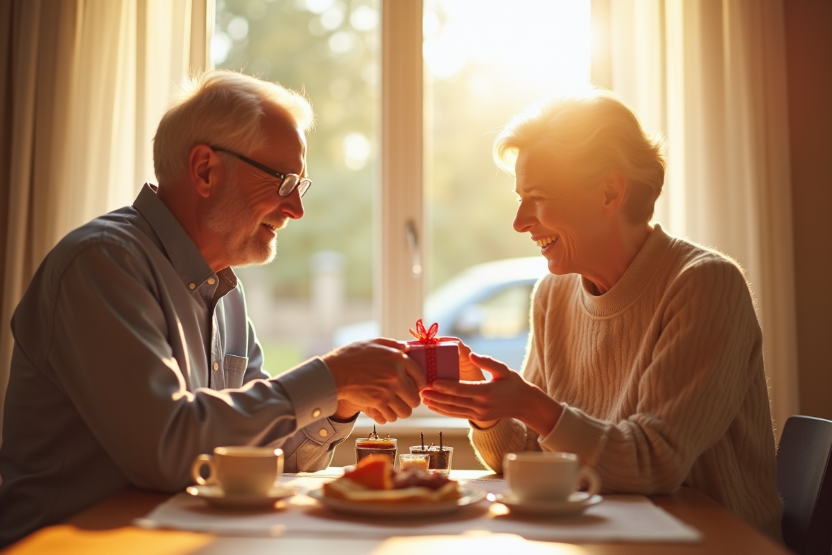 Couple mature échangeant des cadeaux au petit déjeuner